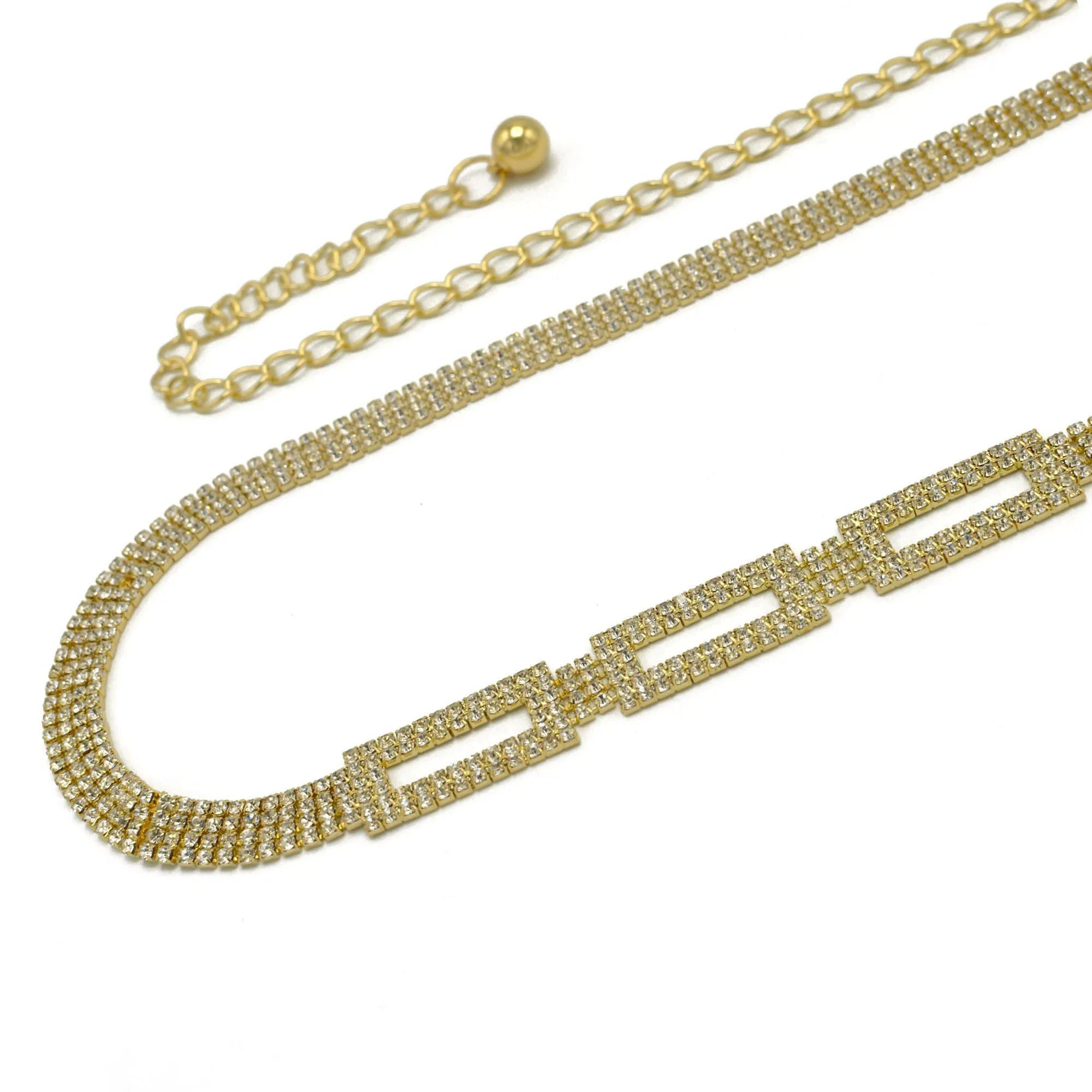 GOLD RECTANGLE RHINESTONE CRYSTAL WAIST CHAIN BELT # HNB90669GD GOLD/CRY
