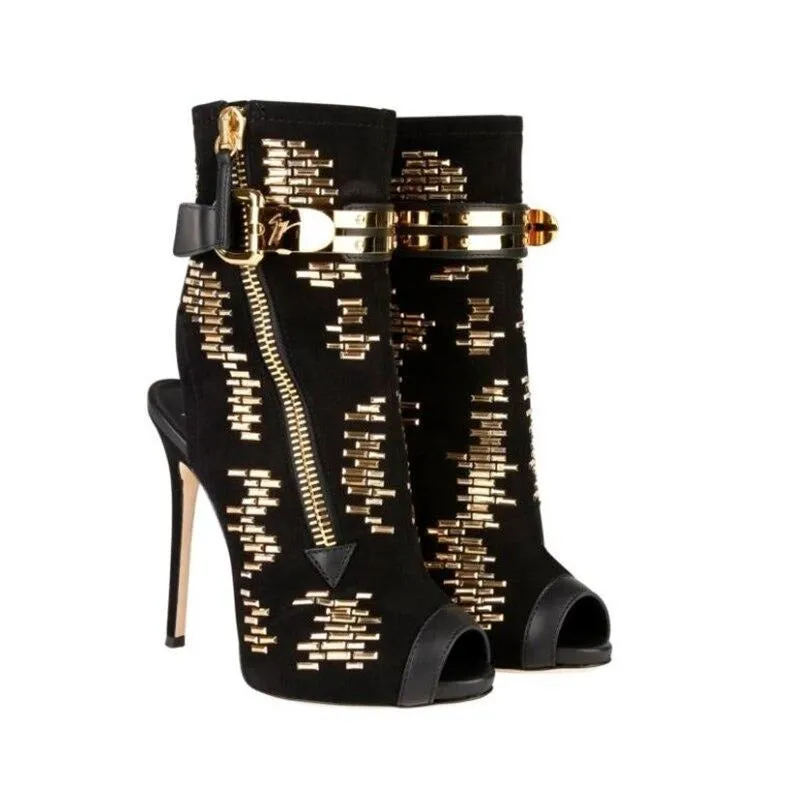 Gold Stud Gladiator Heels Bling Embellished Boots
