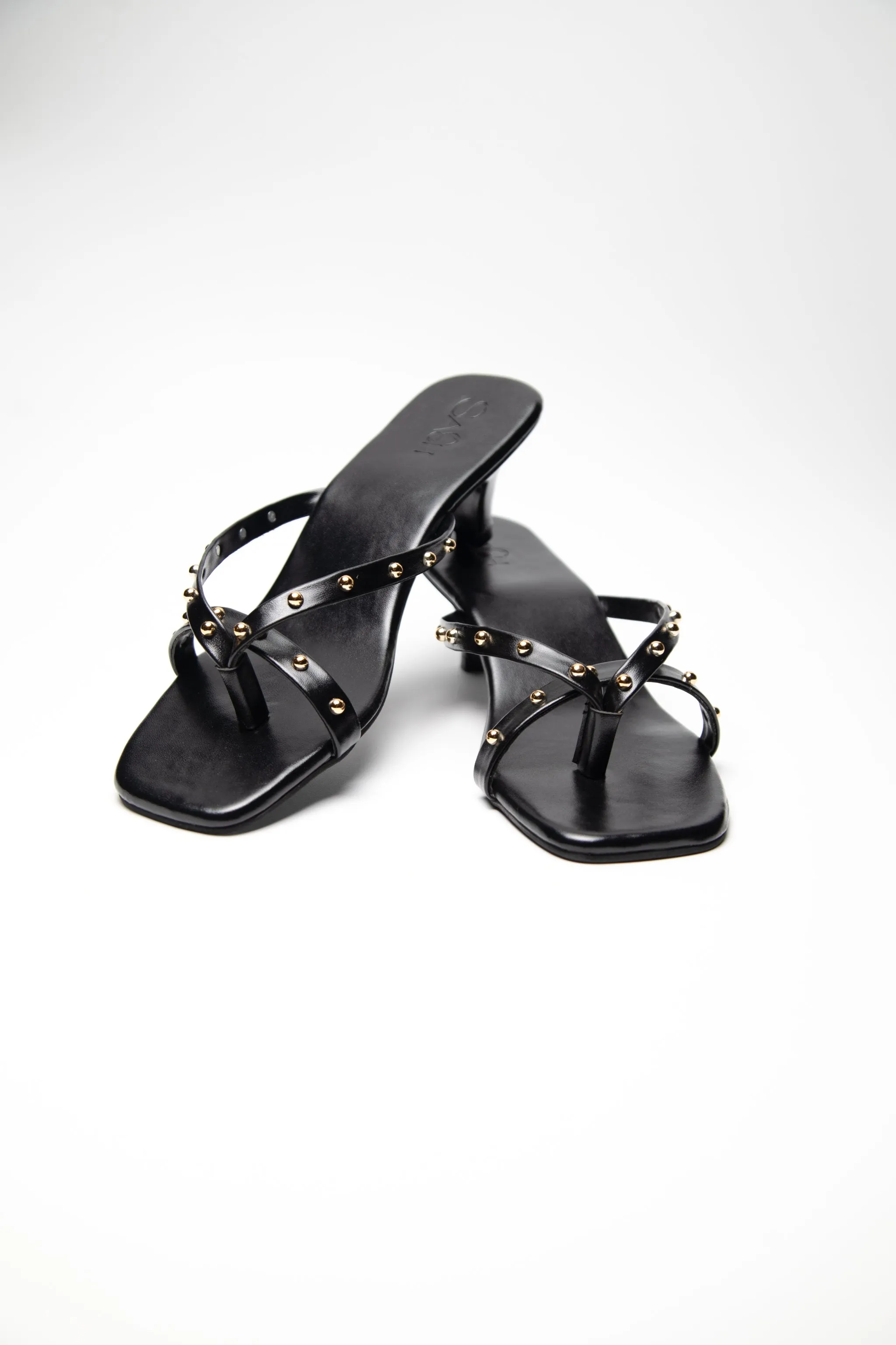 Gold Studded Kitten Heels - Black
