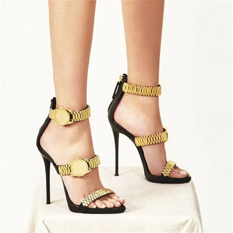 Gold Watch Studded High Heel Sandals