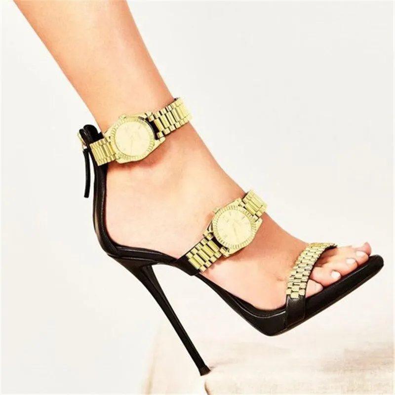 Gold Watch Studded High Heel Sandals