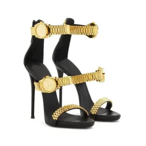 Gold Watch Studded High Heel Sandals