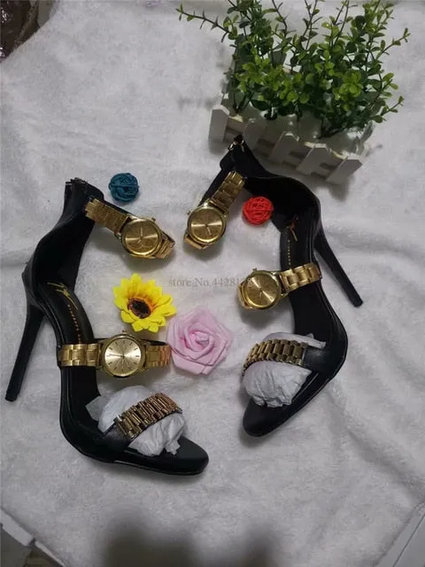 Gold Watch Studded High Heel Sandals