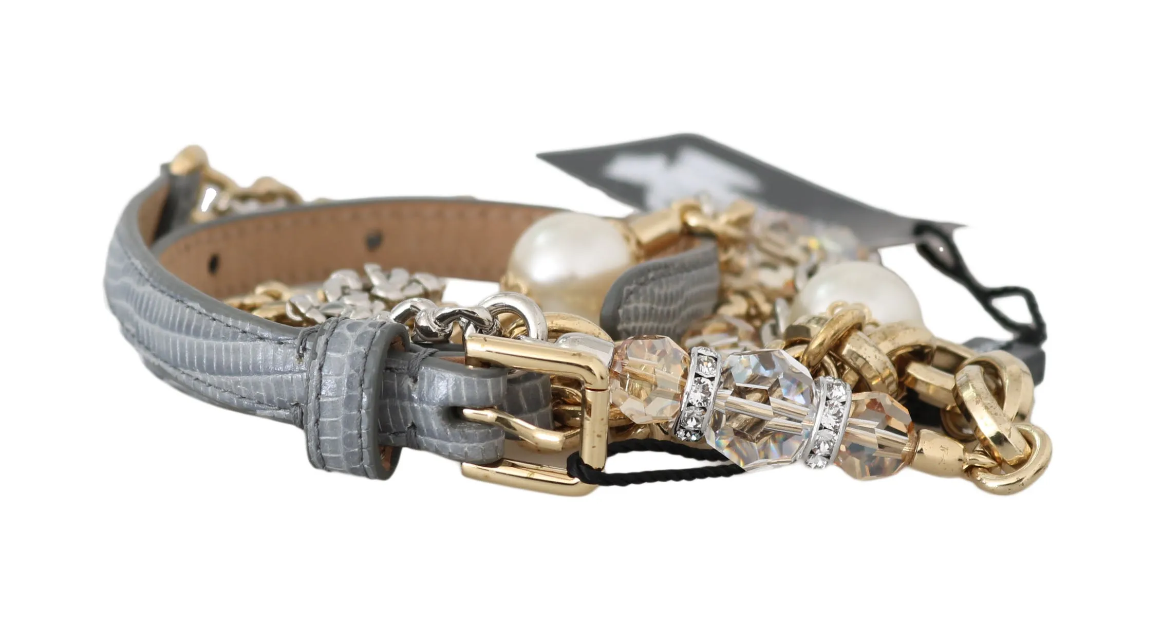 Gray Leather Gold Chain Crystal Pearl Belt