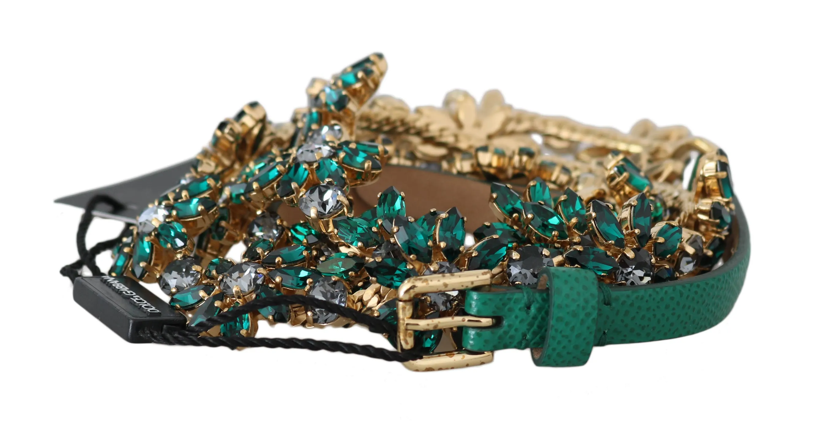 Green Leather Crystal Flower Waist Wrap Belt