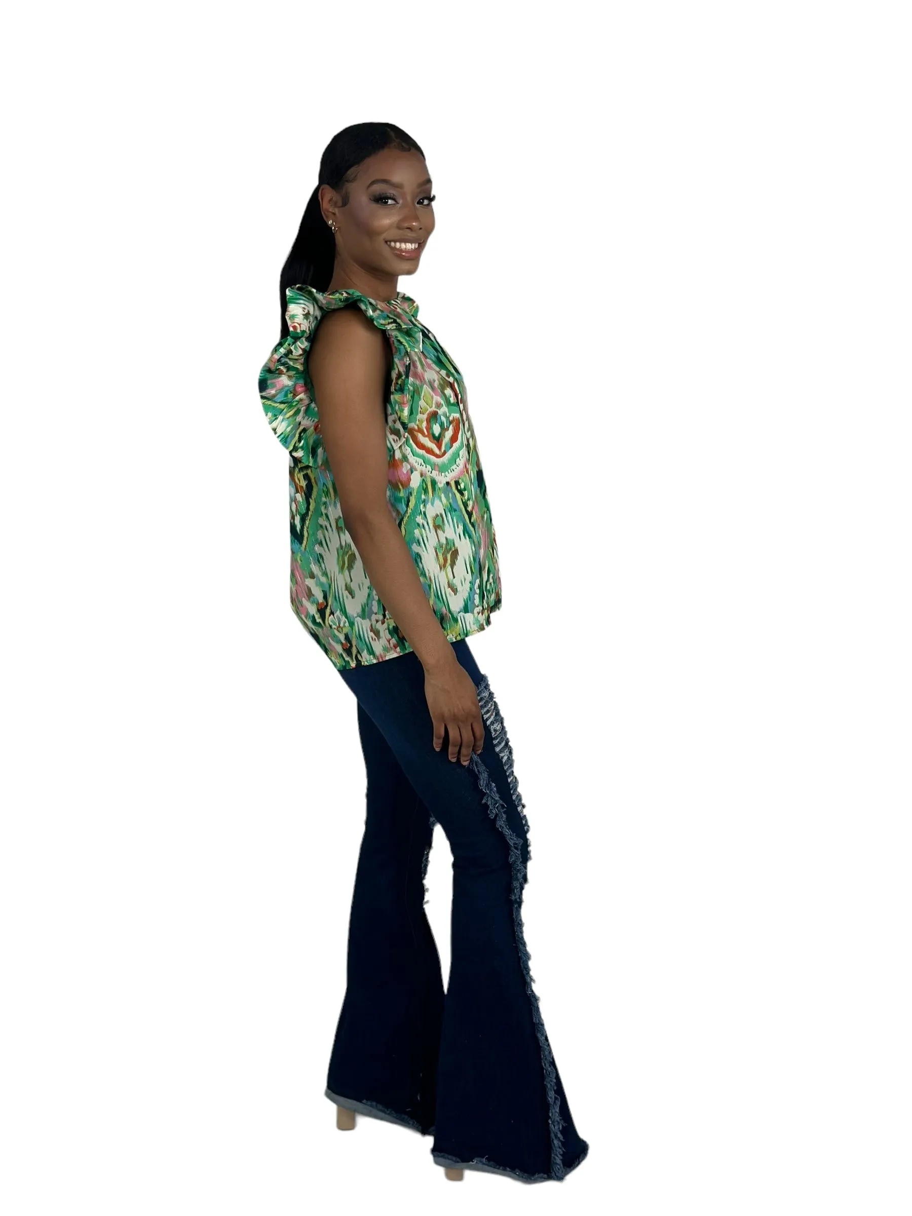 Green Puff Sleeve Printed Top