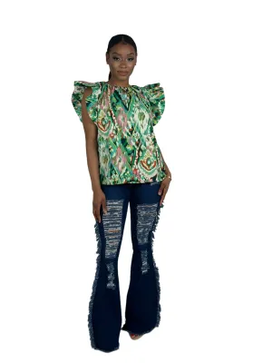 Green Puff Sleeve Printed Top