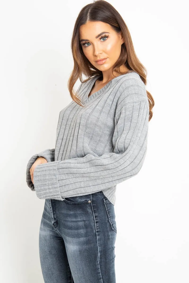 Grey Wide Rib V Neck Jumper - Alinah