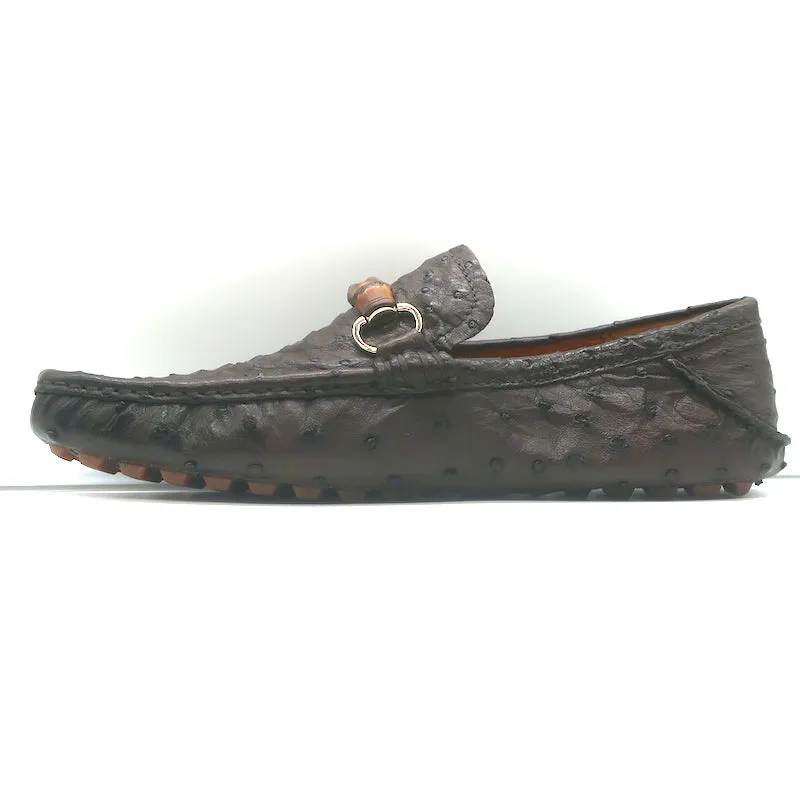 Gucci Bamboo Horsebit Driving Loafers Dark Brown Ostrich Size 9.5 NEW