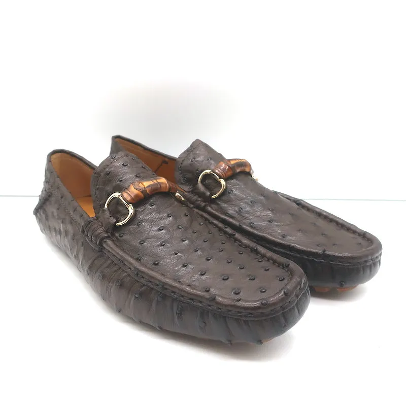 Gucci Bamboo Horsebit Driving Loafers Dark Brown Ostrich Size 9.5 NEW