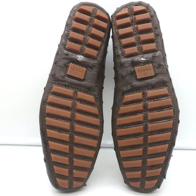Gucci Bamboo Horsebit Driving Loafers Dark Brown Ostrich Size 9.5 NEW