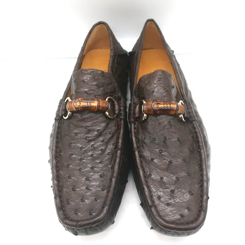Gucci Bamboo Horsebit Driving Loafers Dark Brown Ostrich Size 9.5 NEW
