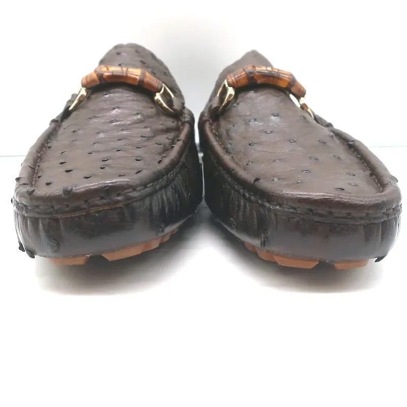 Gucci Bamboo Horsebit Driving Loafers Dark Brown Ostrich Size 9.5 NEW