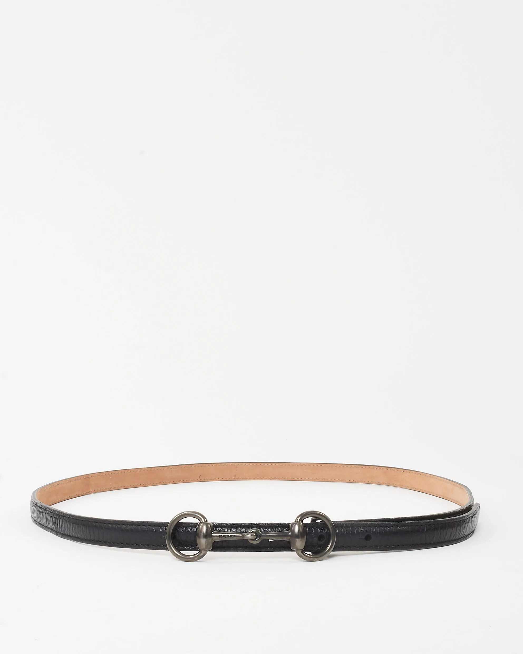 Gucci Black Leather Gunmetal Horsebit Thin Belt - 95/38