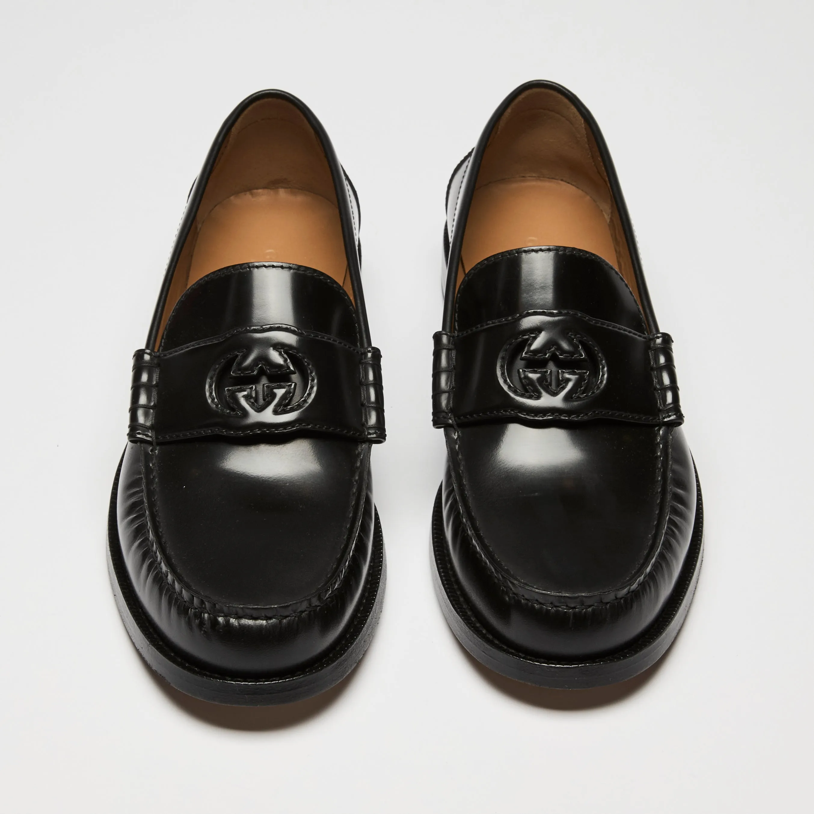 Gucci Black Leather Interlocking G Loafers Size 39.5