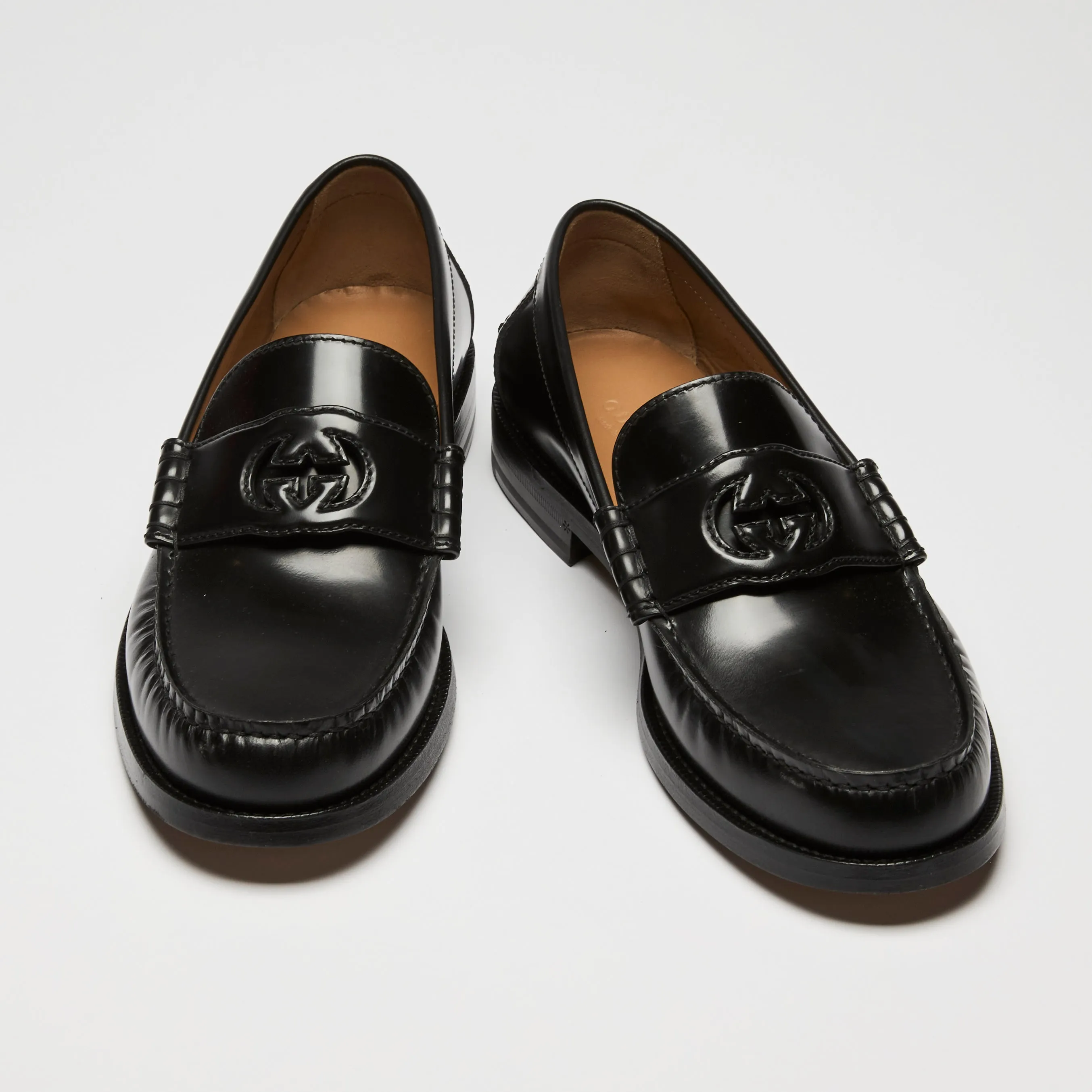 Gucci Black Leather Interlocking G Loafers Size 39.5