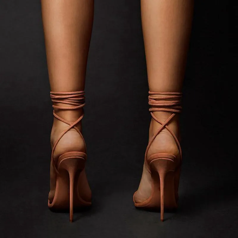 Hand-made Thin Strap Sandals Ankle Straps Stiletto High Heel Party shoes