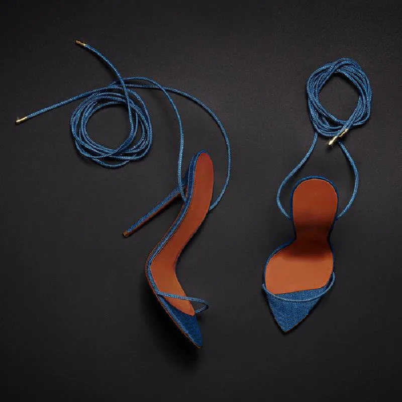 Hand-made Thin Strap Sandals Ankle Straps Stiletto High Heel Party shoes