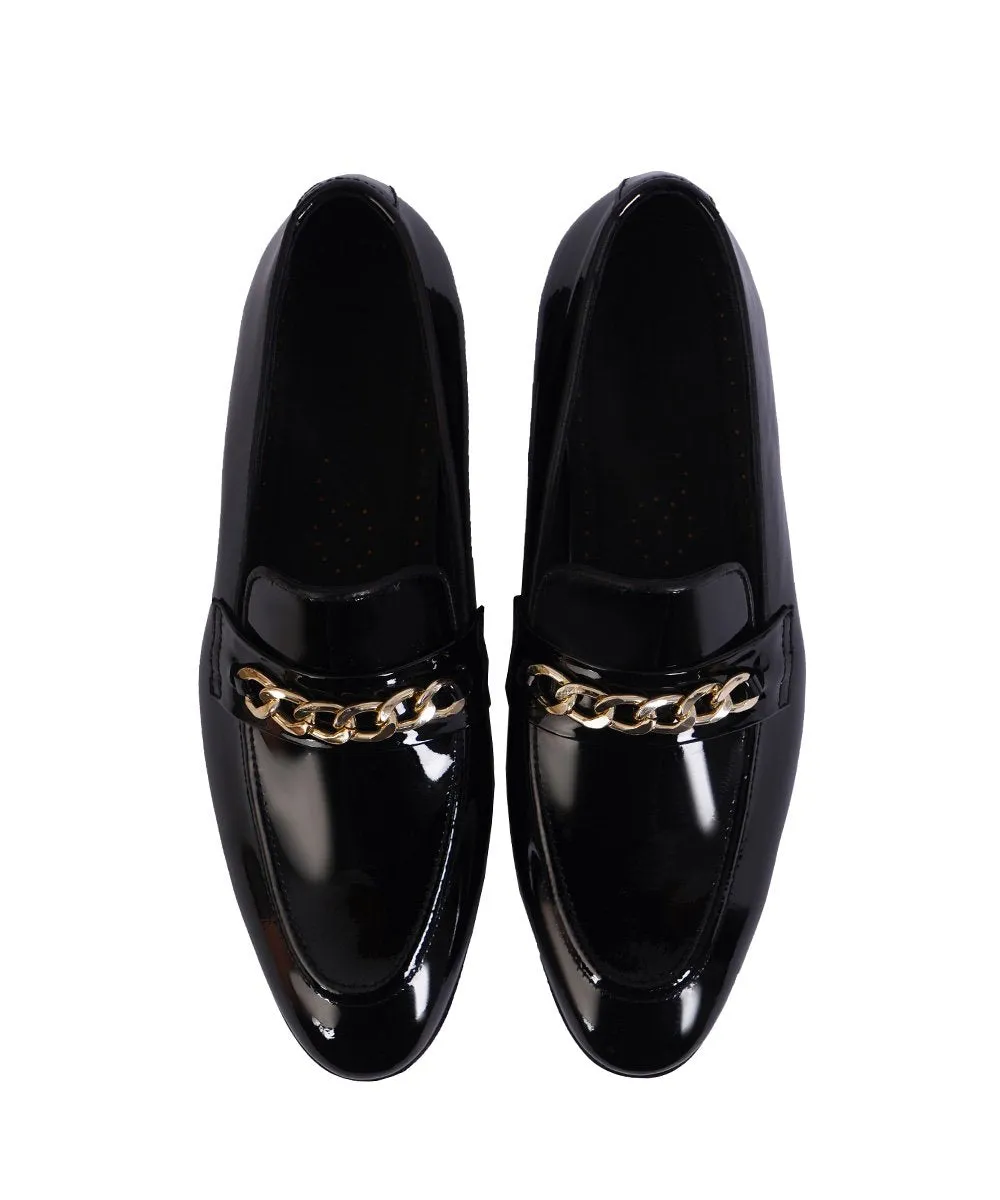 Handmade Black Leather Chunky Chain Loafers for Men