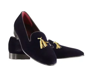 Handmade Black Velvet Loafers with Tassels for Men