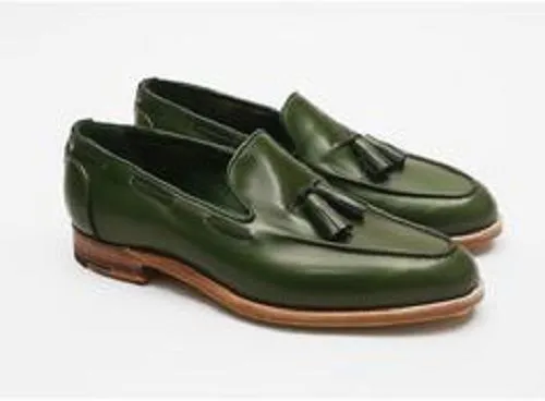Handmade Green Leather Tassel Loafers for Men