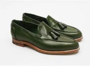 Handmade Green Leather Tassel Loafers for Men