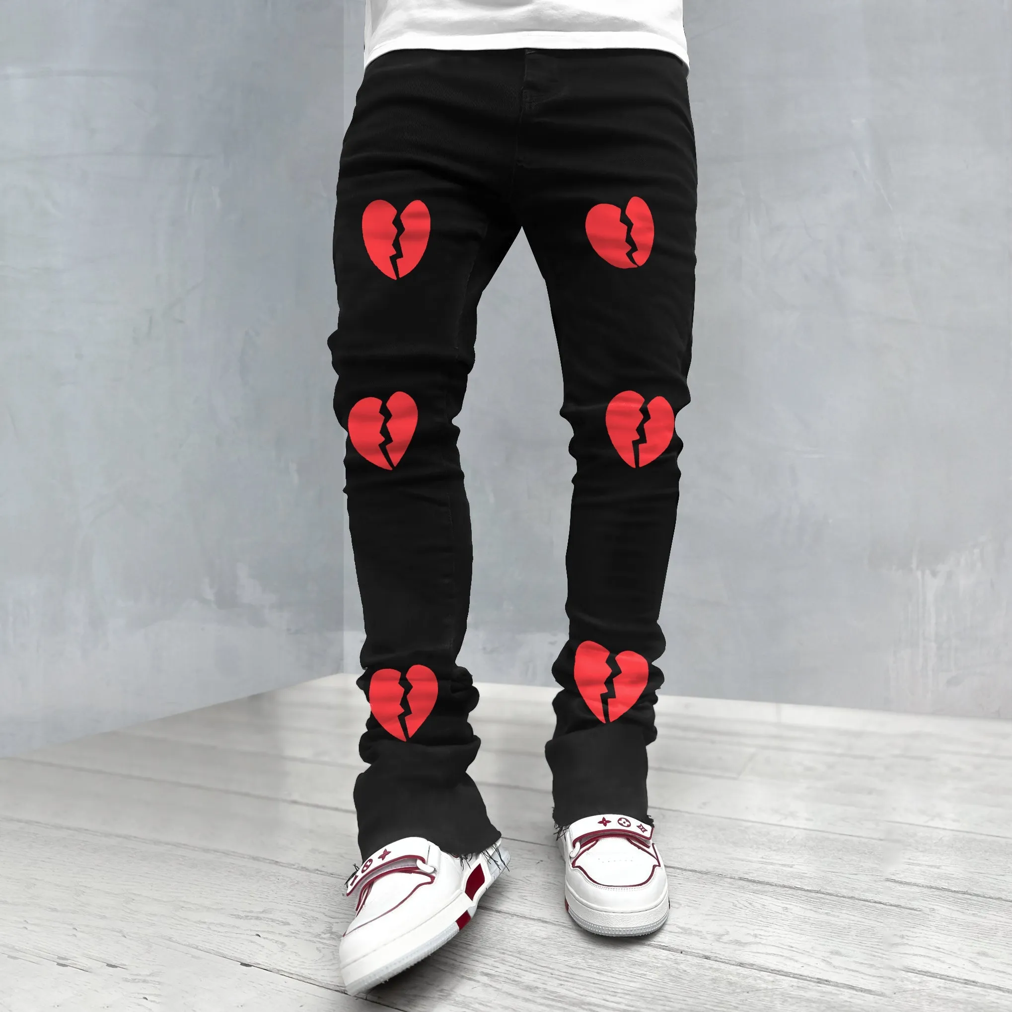 Heart Print Slim Fit Trendy Casual Jeans