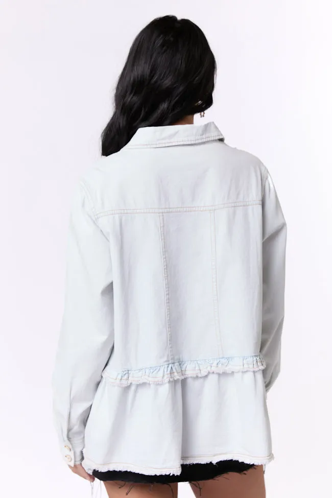 Here To Prove Light Wash Ruffle Trim Peplum Chambray Blouse SALE