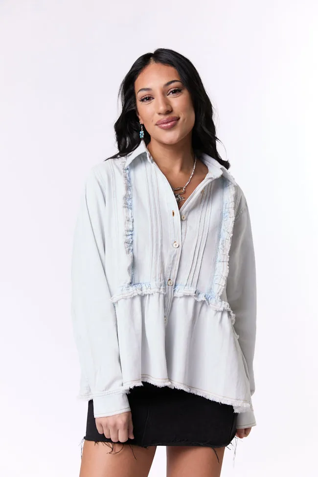 Here To Prove Light Wash Ruffle Trim Peplum Chambray Blouse SALE