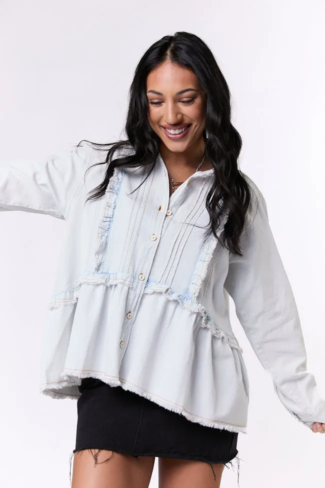 Here To Prove Light Wash Ruffle Trim Peplum Chambray Blouse SALE