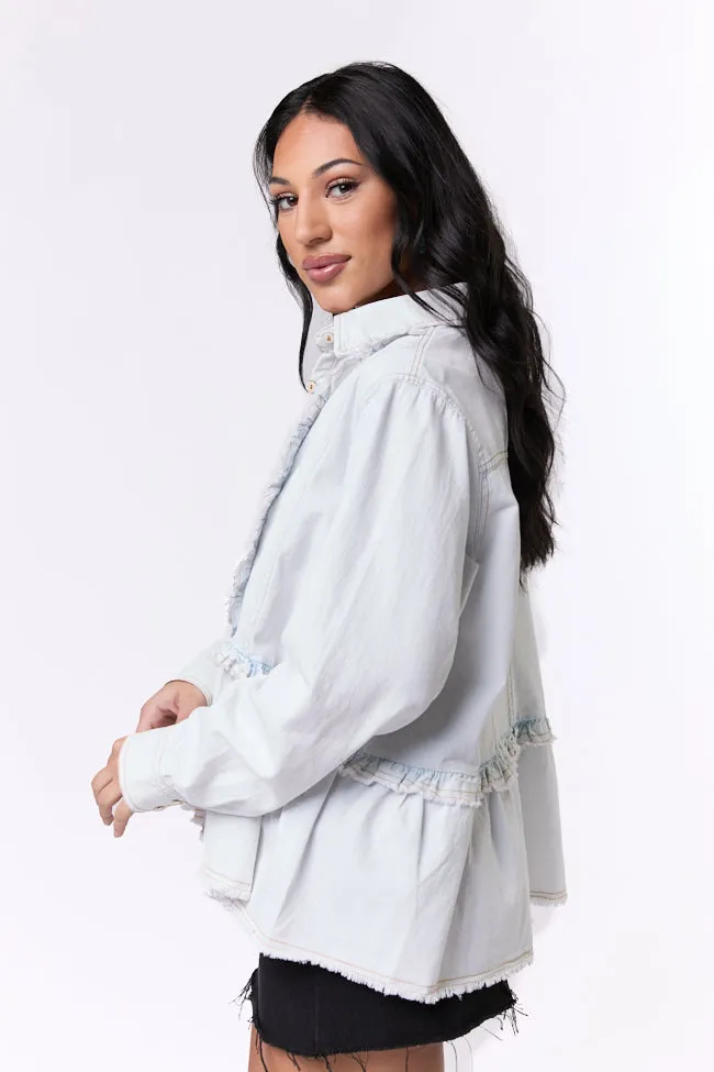 Here To Prove Light Wash Ruffle Trim Peplum Chambray Blouse SALE