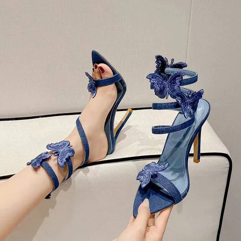 High Quality Embroidery Butterfly Ankle Strap Sandals Women S