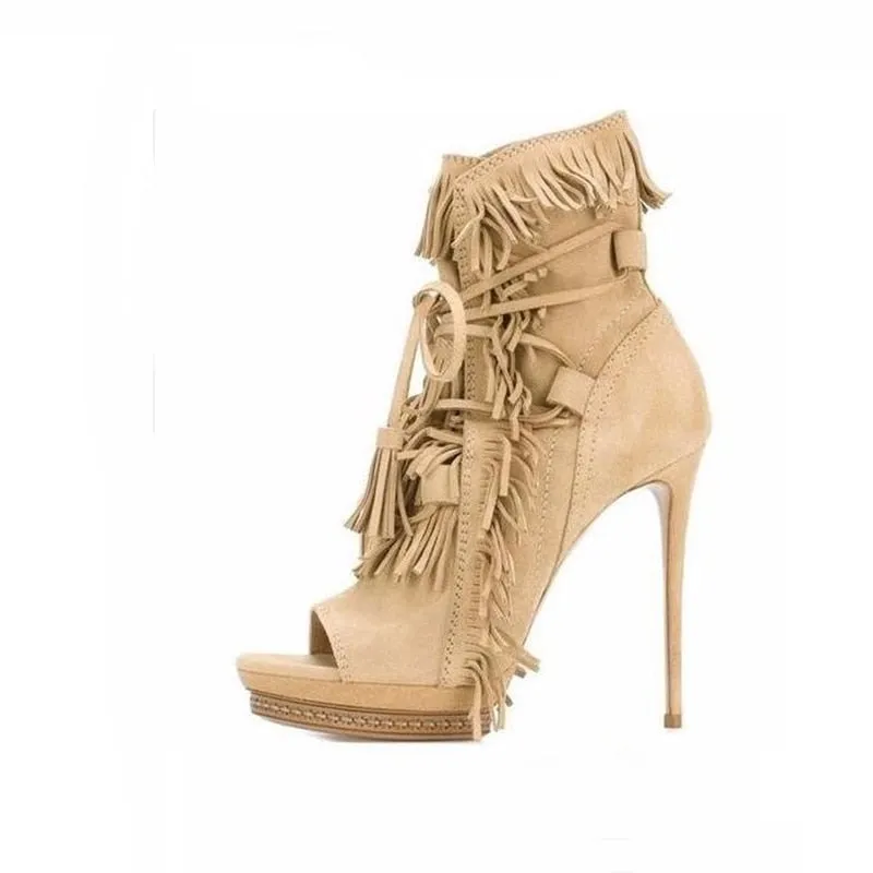 High Quality Sexy Peep Toe Platform Ankle Boots Fringed Lace Up High Gladiator Sandals High Heels Fashion Boots For Women