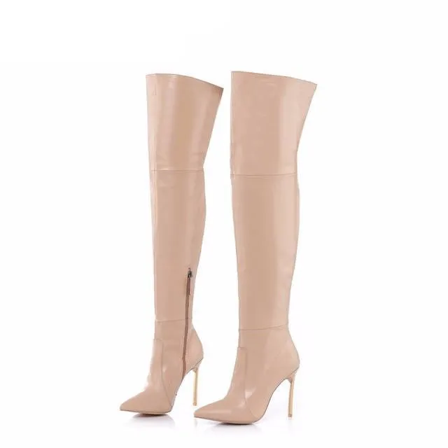Iron heel genuine leather brown women thigh high boots high heeled tall gladiator booties size34-42