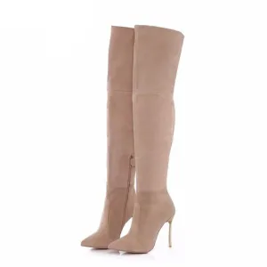Iron heel genuine leather brown women thigh high boots high heeled tall gladiator booties size34-42