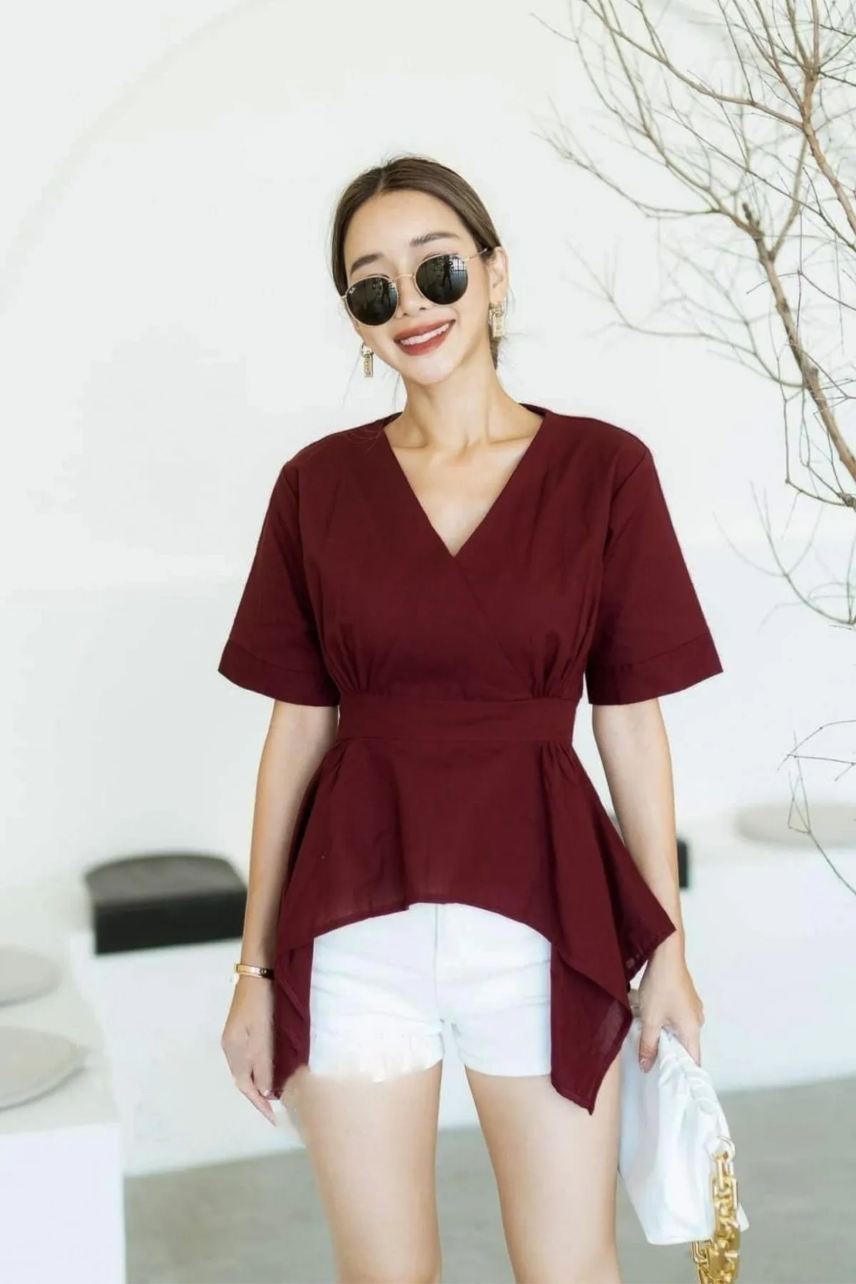 JACKIE V-neck Peplum Top (Merlot Red)