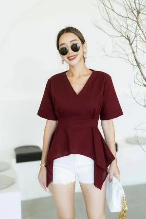 JACKIE V-neck Peplum Top (Merlot Red)