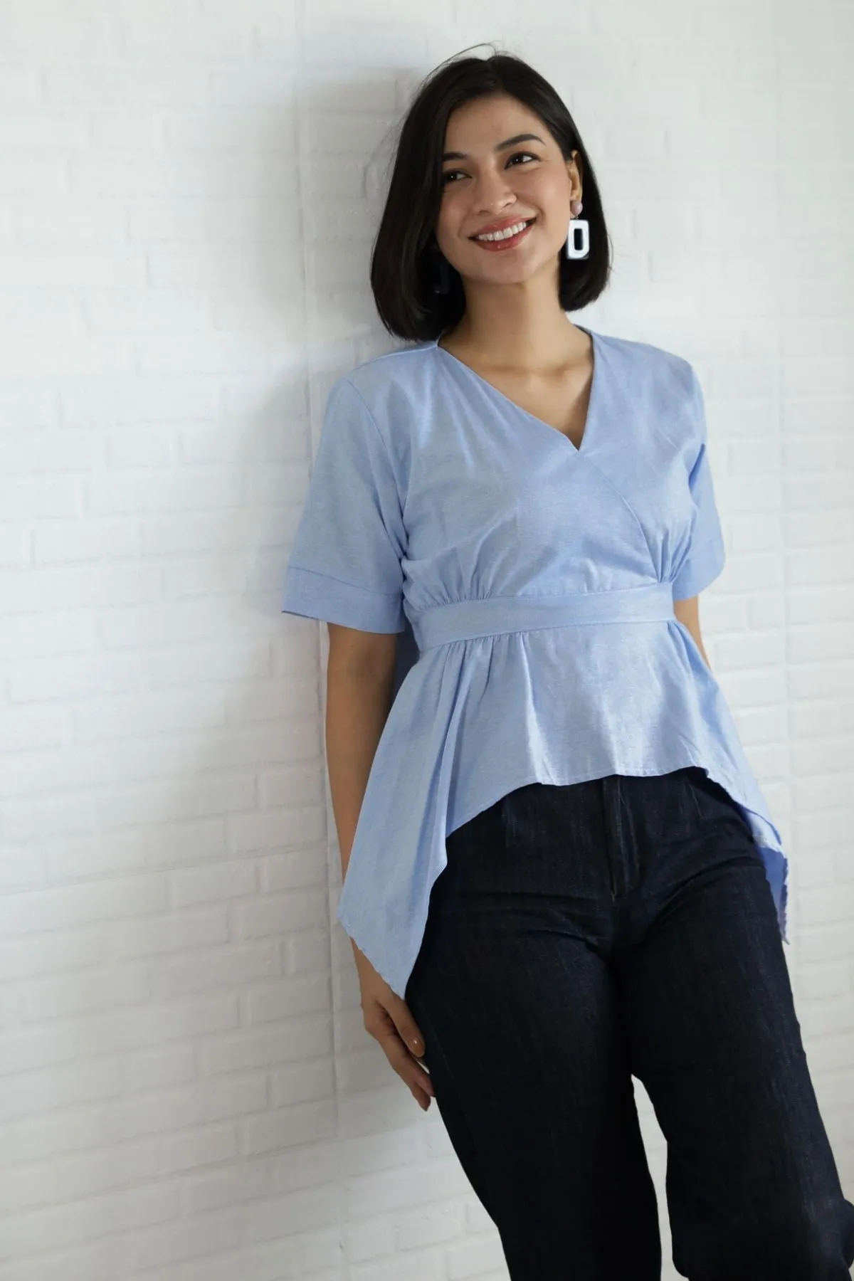 JACKIE V-neck Peplum Top (Sky Blue)