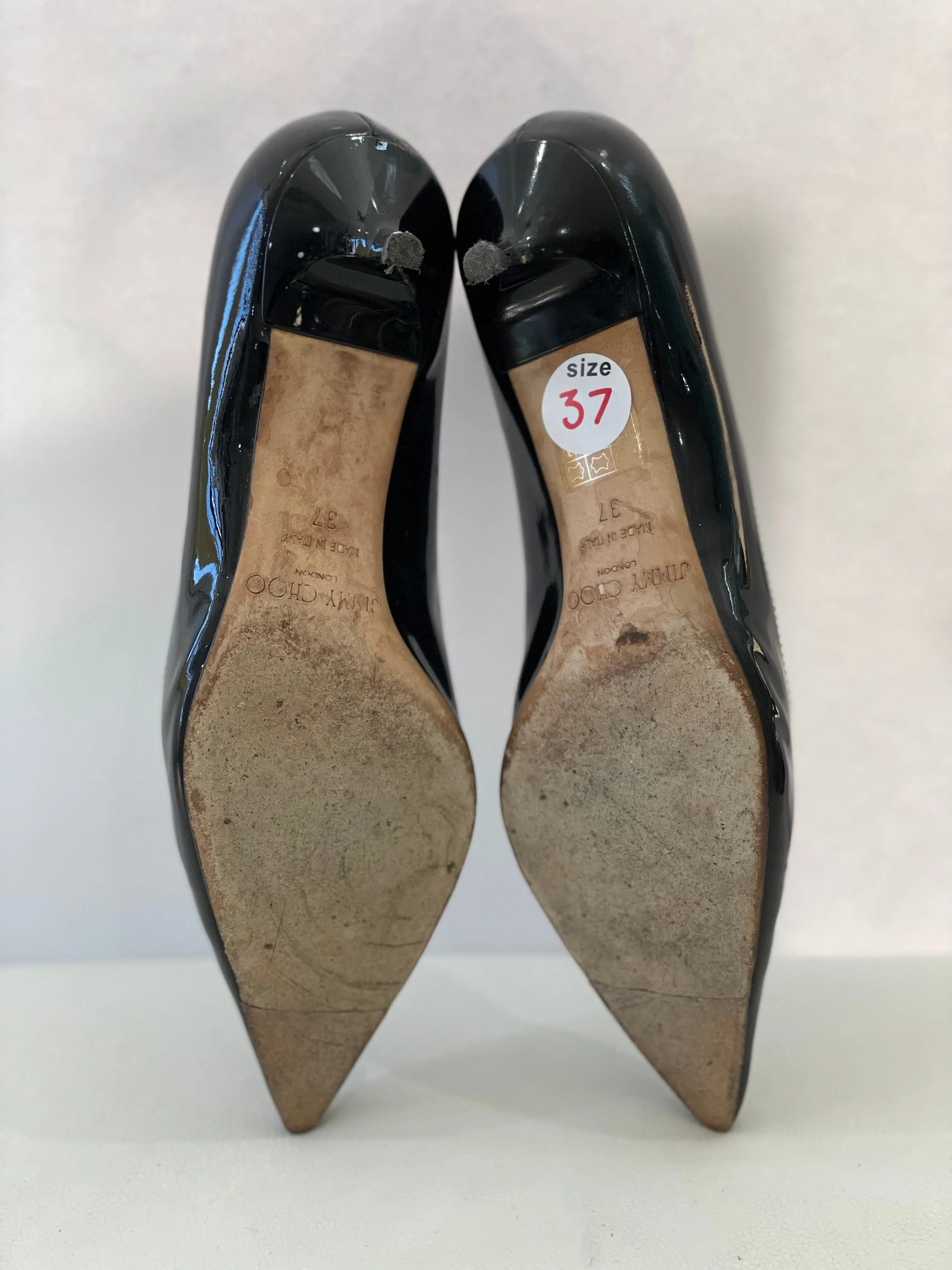 JIMMY CHOO Black Patent Leather Aza Kitten Heels Sz 37