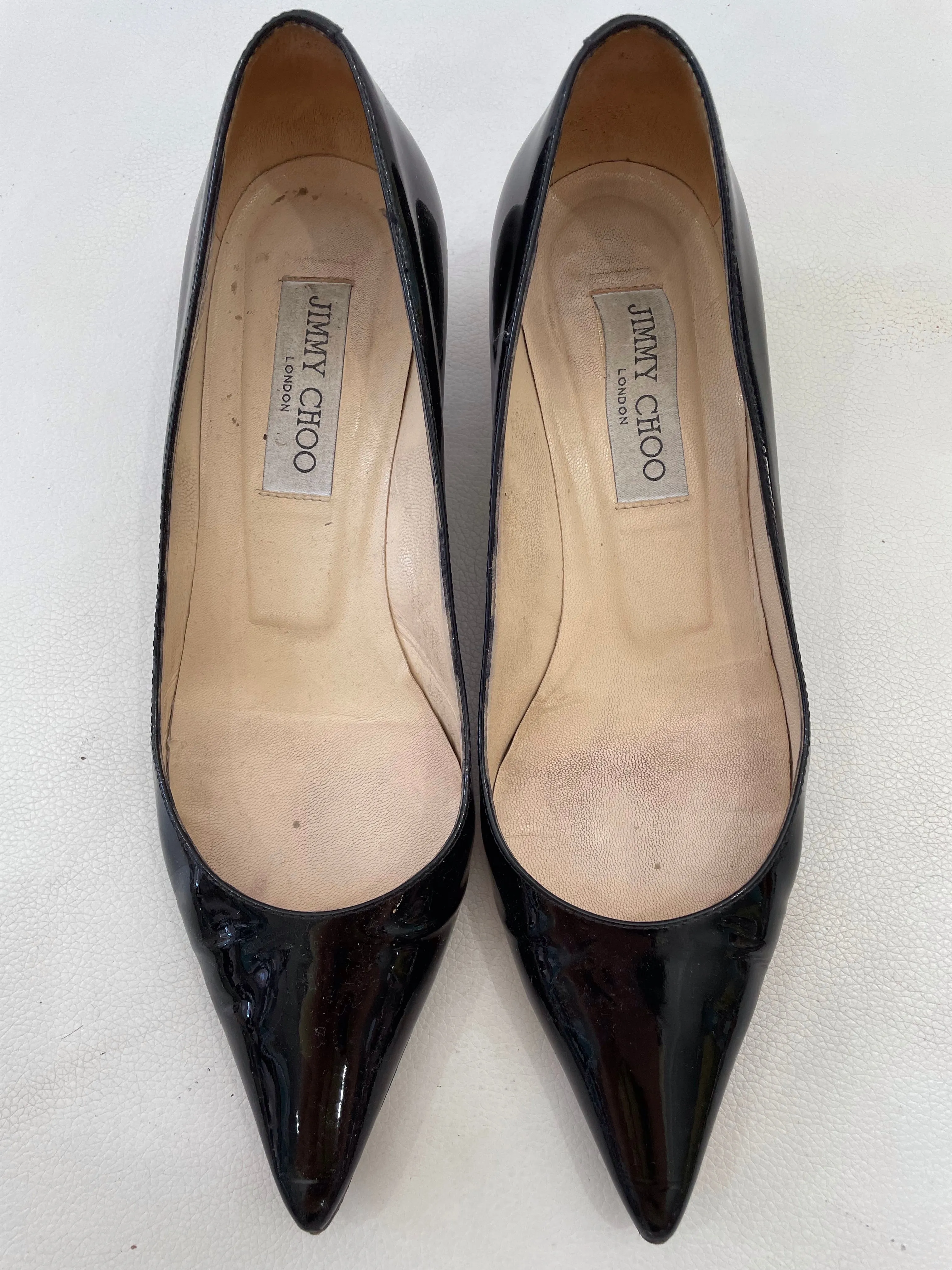 JIMMY CHOO Black Patent Leather Aza Kitten Heels Sz 37
