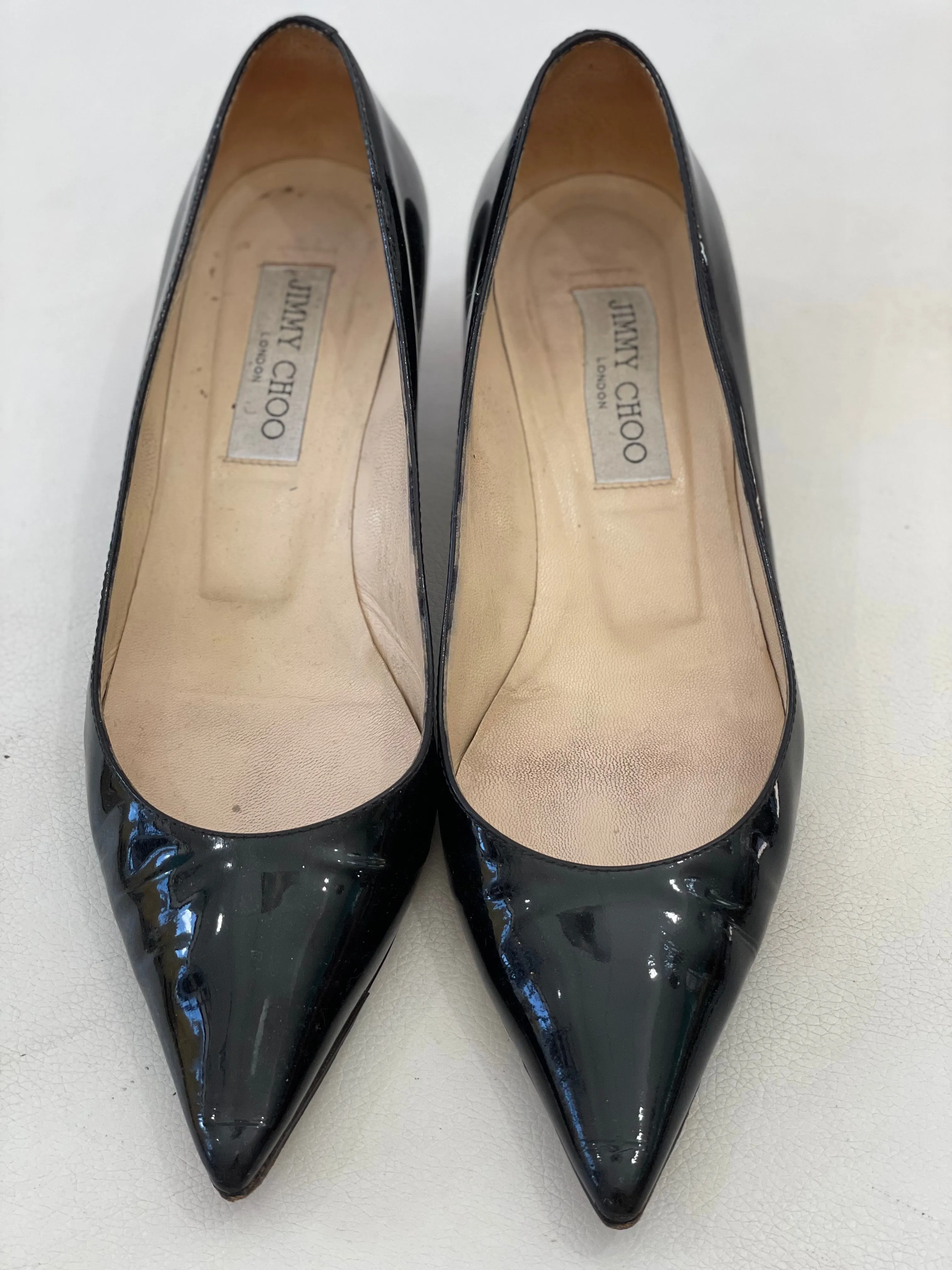 JIMMY CHOO Black Patent Leather Aza Kitten Heels Sz 37