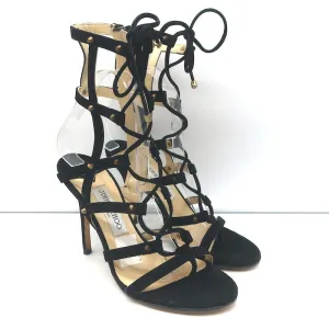 Jimmy Choo Meddle Lace-Up Caged Gladiator Sandals Black Suede Size 38.5