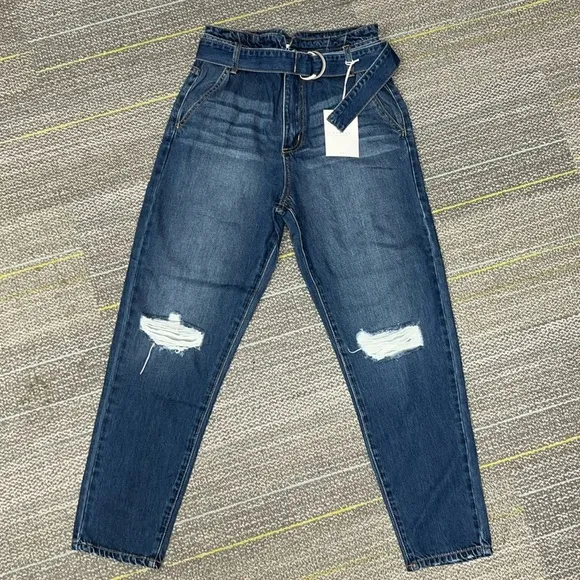 KanCan Estilo Ultra High Rise Belted Distressed Paperbag Mom Jeans