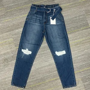 KanCan Estilo Ultra High Rise Belted Distressed Paperbag Mom Jeans
