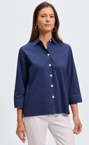 Kelly Stretch No Iron Contrast Stitch Shirt - Navy
