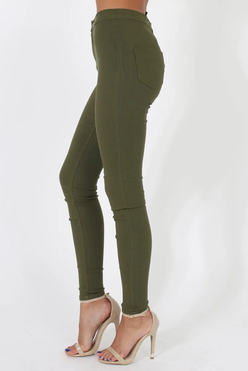 Khaki High Waisted Skinny Jeans - Tia
