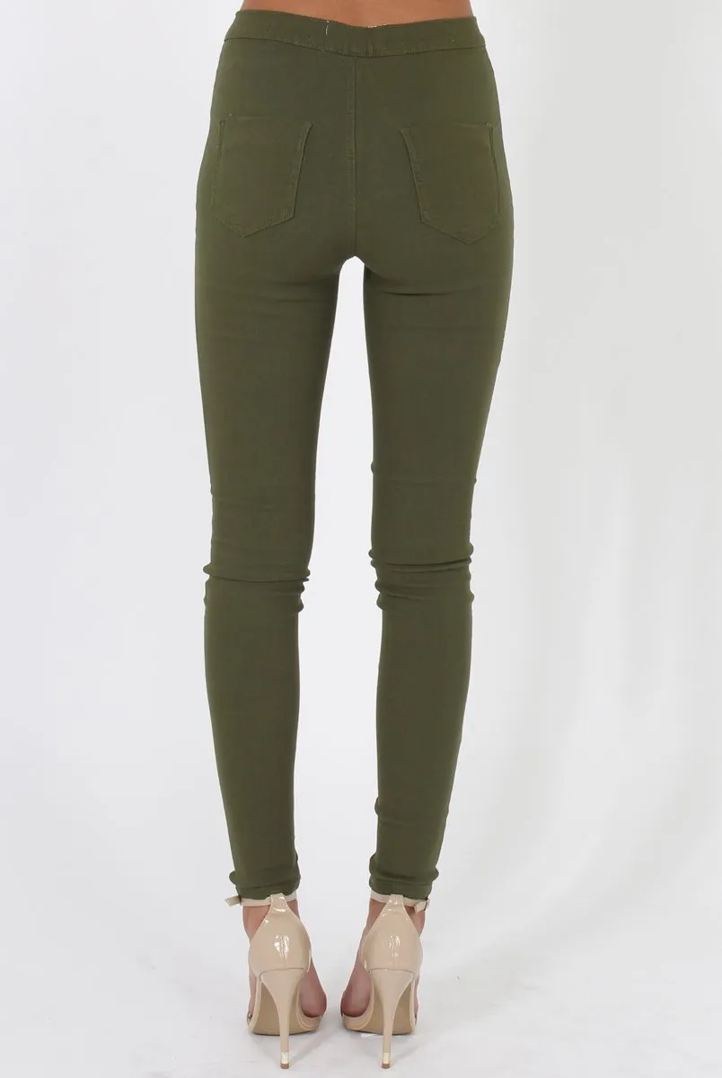 Khaki High Waisted Skinny Jeans - Tia