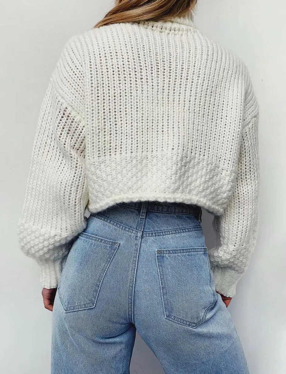 Knit Lantern Sleeve High Collar Crop Tops Sweaters