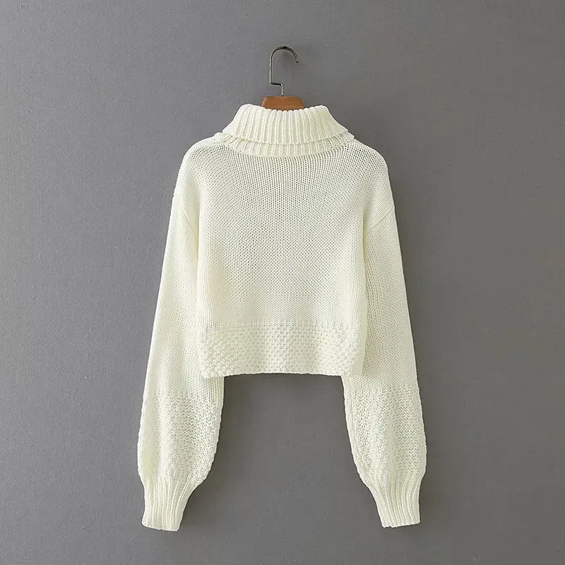 Knit Lantern Sleeve High Collar Crop Tops Sweaters