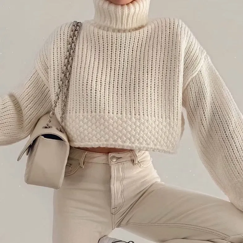 Knit Lantern Sleeve High Collar Crop Tops Sweaters